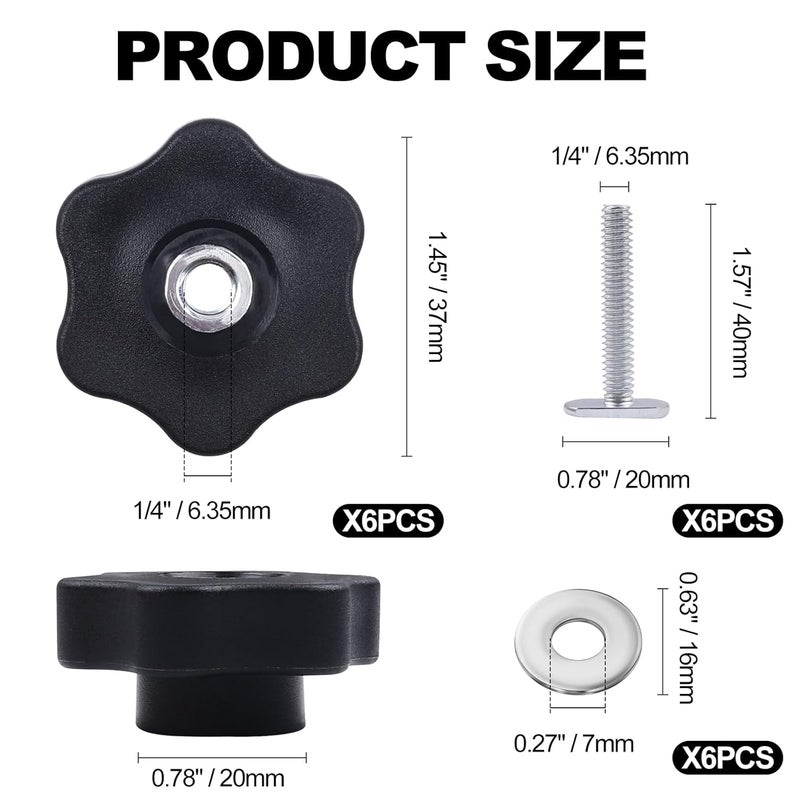 Happara 6 Pack T Track Knob Kit, 6 Star Knob, 1/4-20 Threaded Bolts and Washers, T Track Bolts, Track Accessories for Woodworking Jigs and Fixtures (6 PCS) - Image 3